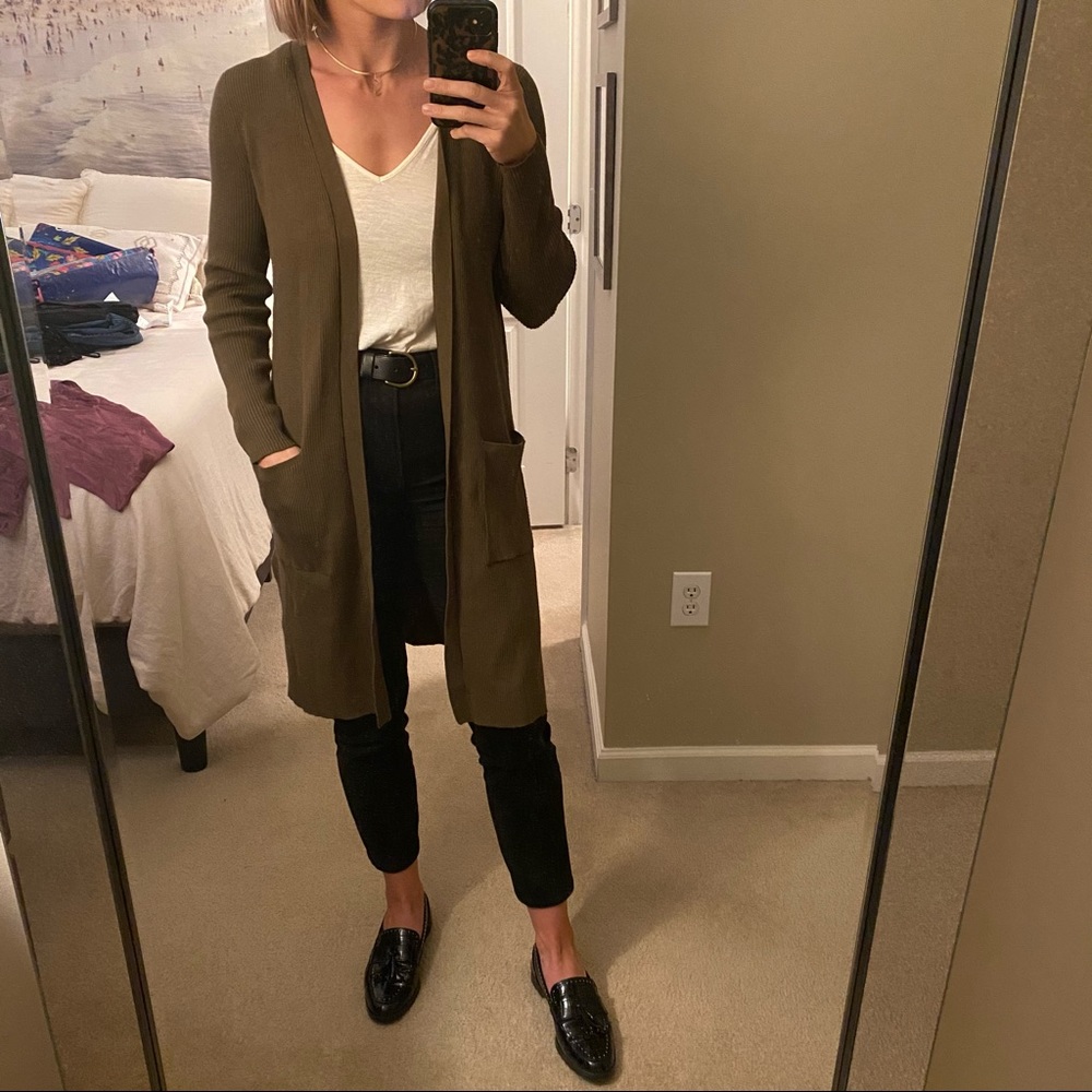 Anthropologie Olive Green Long Open-Front Cardigan